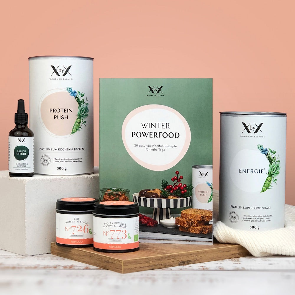 XbyX Winter Powerfood Set Kochbuch Rezepte gesund Wechseljahre Menopause Proteinpulver kochen backen Gewürze Rimoco